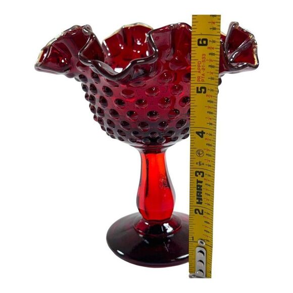 Vtg Fenton Ruby Red Amberina Gold Crested Ruffled Hobnail Compote 6" Candy Dish - Picture 5 of 5